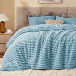 BEDELITE Fleece Queen Comforter Set -Super Soft & Warm Fluffy Light Blue Bedding, Luxury Fuzzy Heavy Bed Set for Winter with 2 Pillow Cases