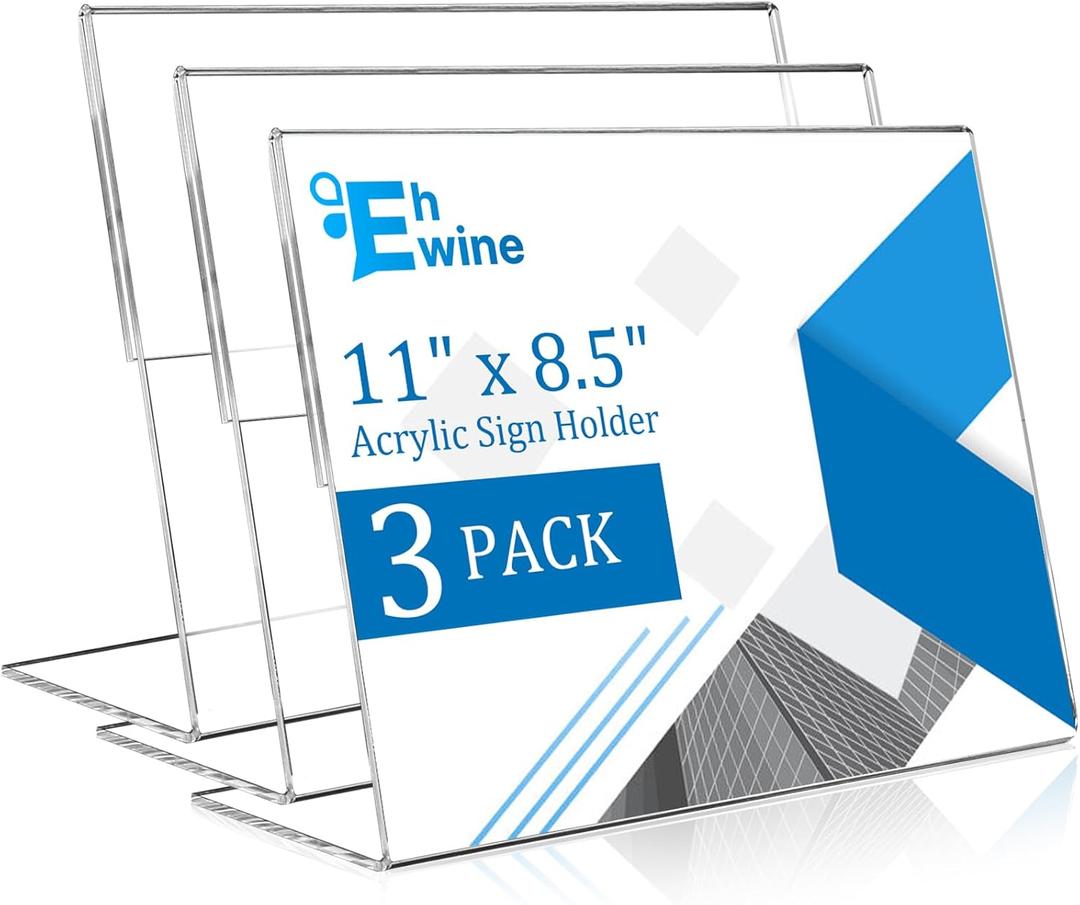 EHWINE 3 Pack 8.5 x 11 Acrylic Sign Holder Horizontal, Clear Plastic Signs Display Stand, Slanted Back Paper Holder Stand up Table Top Sign Holders Flyer Stand Frames for Office Business Store