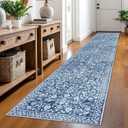 Vintage 2.6x12 Hallway Runner, Denim Blue White Washable Non-Slip Long Hallway Carpet, Super Soft Kitchen Runner, Print Faux Wool Floral Thin Carpet for Entryway (2'7" x 12' (Runner), Denim Blue and White)