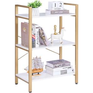 BEWISHOME 37.09" H 3 Tier Bookshelf, Modern Small Book Shelf for Small Spaces, White Gold Wooden Shelves for Bedroom Living Room and Home Office, 13.78" D x 24.12" W x 37.09" H, JCJ42M