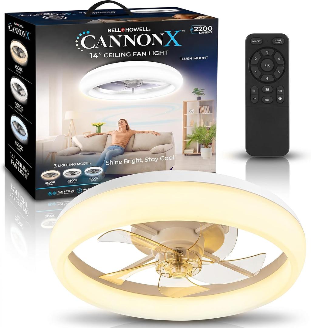 CannonX White 19” Fandelier Ceiling Fans with Lights and Remote, Low Profile Flush Mount Light Fixture Chandelier Fan for Bedroom, Kitchen, Reversible Motor with 6 Speeds, 3 CCT 3500K-5500K