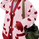 Saodimallsu Womens Oversized Heart Cardigan Color Block V Neck Button Long Sleeve Chunky Valentines Sweaters (Medium, Pink)