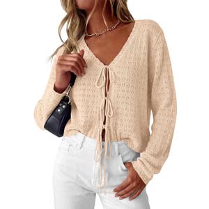 PRETTYGARDEN Womens Tie Front Cardigan 2026 Summer Boho Crochet Knit Cover Up Beach Vacation Hollow Out Lightweight Tops(Beige,XX-Large) 
