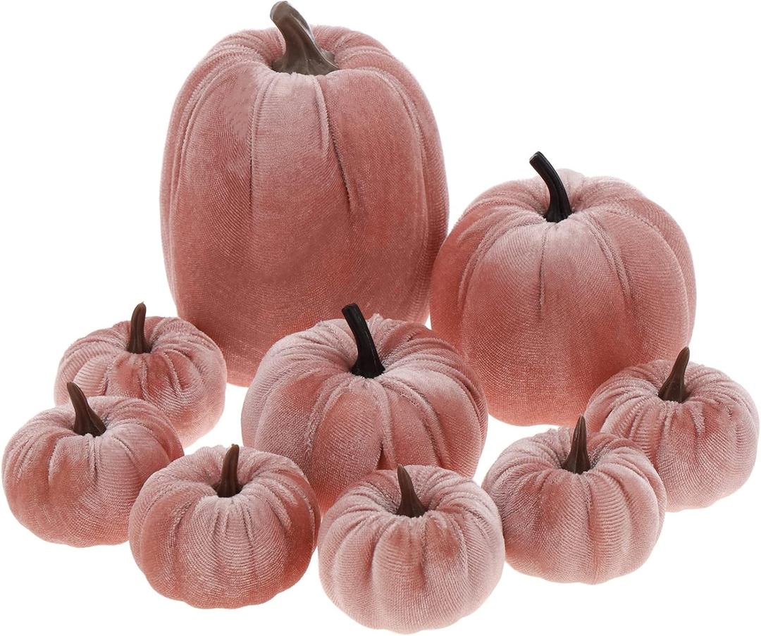 9Pcs Pink Faux Assorted Velvet Pumpkins Decorations Artificial Fabric Pumpkin Foam Fall Wedding Halloween Home Decor Thanksgiving Farmhouse
