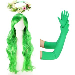 Halloween Cosplay Costume Set for Woman - 31 Inch Green Wig Side Bangs Wigs Flower Crown Headband Long Gloves