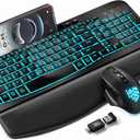 SABLUTE Wireless Keyboard and Mouse Combo - Ergonomic Wave Keyboard with Soft Leather Wrist Rest, Phone Holder, Rechargeable, RGB Backlit Mouse, Full-Size Set for Windows/ Mac/ Computer (Black)