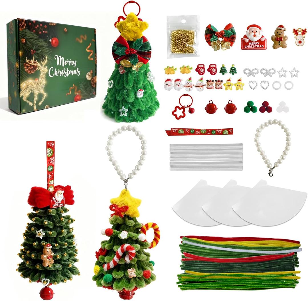 Pipe Cleaners Christmas Tree Ornaments Kit, Pipe Cleaner Craft Set Present for Holiday Family Activity, Handmade Christmas Hanging Decorations for Car, Wall, Mantels, Bedroom, Classroom, Office (Green - Gift Kit)