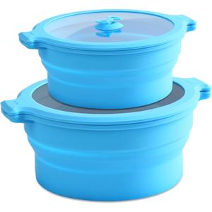 Collapsible Silicone Microwave Cookware Cooker Steamer for Cooking with Lids, 0.8L and 1.4L Glass Food Storage Container Sealed Bowl Mixing Bowls 2pc Set BPA Free (Blue)