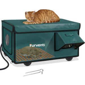 Outdoor Heated Cat House in Winter, Extremely Insulated & Weatherproof, Feral Cat Shelter with Waterproof Eaves & Escape Door for Outside Stray Barn Cat(Dark Green,23.6"x16.5"x13.4")