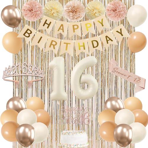 Trgowaul Champagne Gold Beige Sweet 16th Birthday Decorations for Girls, Banner, 16th Sash and Crown, Cake Topper, 16 Number Balloon, Paper Pom Poms, Fringe Curtains, Boho Birthday Party Supplies