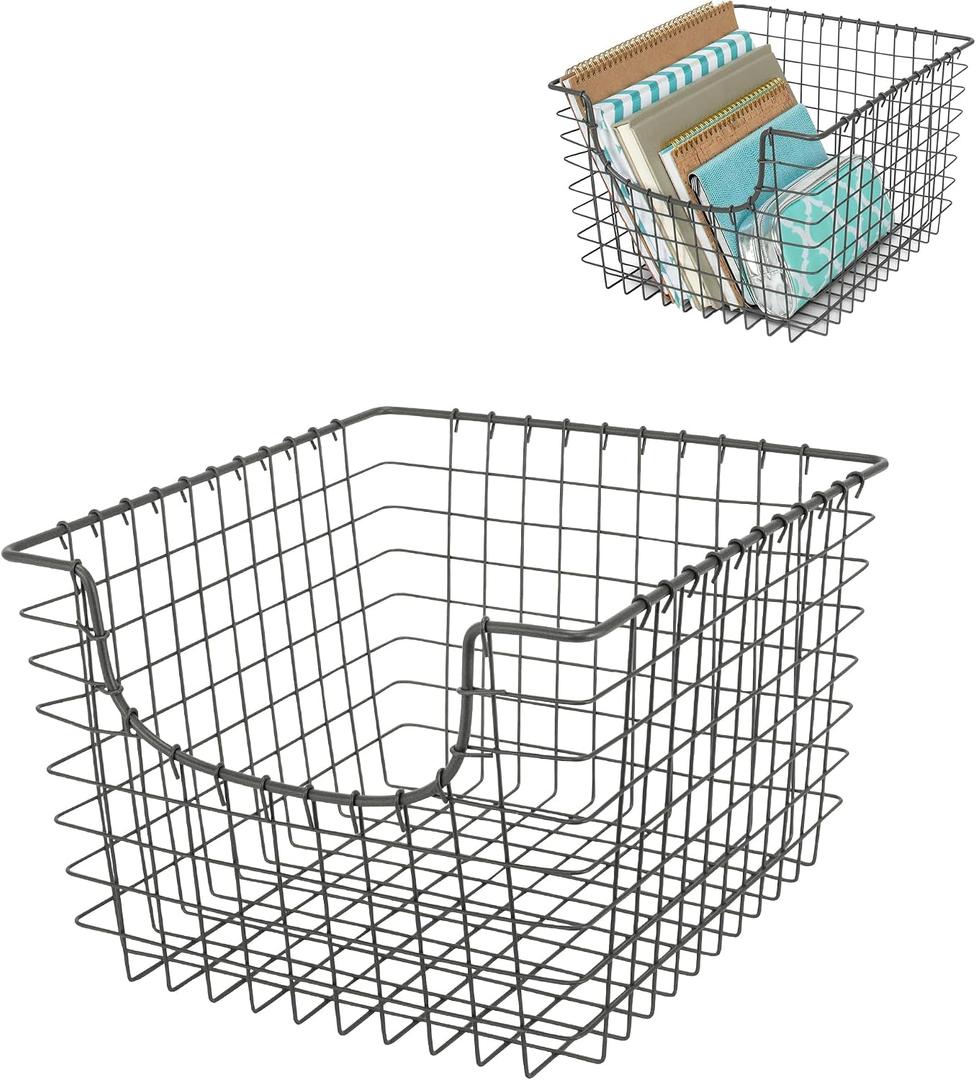 Spectrum Wire Scoop Basket Storage Bin Industrial Gray Medium Metal Wire Basket Organizer for Kitchen Pantry Wire Storage Bins, Heavy Duty Rectangle Wire Storage for Kitchen Organization