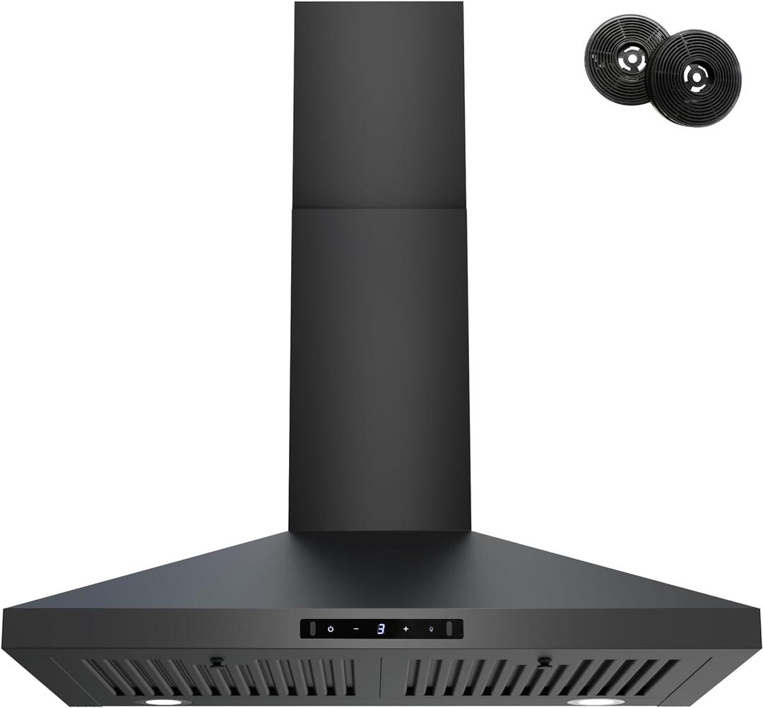 FIREGAS Black Range Hood 30 inch, 450 CFM Wall Mount Range Hood with Ducted/Ductless Convertible, Gesture Sensing Control & Touch Control Kitchen Hood Vent, Baffle Filters, Charcoal Filters