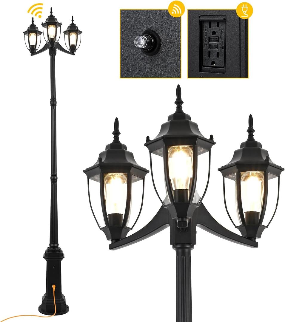 Outdoor Post Light Dusk to Dawn Sensor 3-Head Outdoor Lamp Post with Outlet Gfci, Anti-Rust Aluminum Waterproof Street Lamp Posts Outdoor Lighting for Outside Patio Yard Backyard