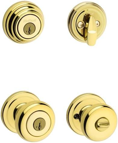 Kwikset Juno Keyed Front Door Knob and Deadbolt Set, Entry Knob Combo Project Pack Exterior with Interior Door Knob, Polished Brass, Pick Resistant SmartKey Rekey Deadbolt Security