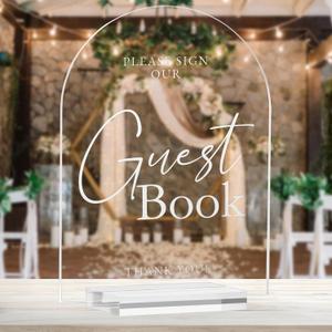 Arched Clear Acrylic Guest Book Signs, 8x10 Inch Clear Wedding Signs 1/8" Thick and Stand, Modern Calligraphy White Lettering Arched Acrylic Sign for Wedding (Please Sign Our Guest Book, 8x10 Inch)