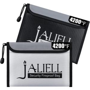 2 Pack Fireproof Money Bag (9.5x6.5''), Non-itchy Waterproof Fireproof Bag with Zipper, Small Fire Proof Money Bag for Cash, Valuables, Passport, Currency & Keys (Black & Grey)