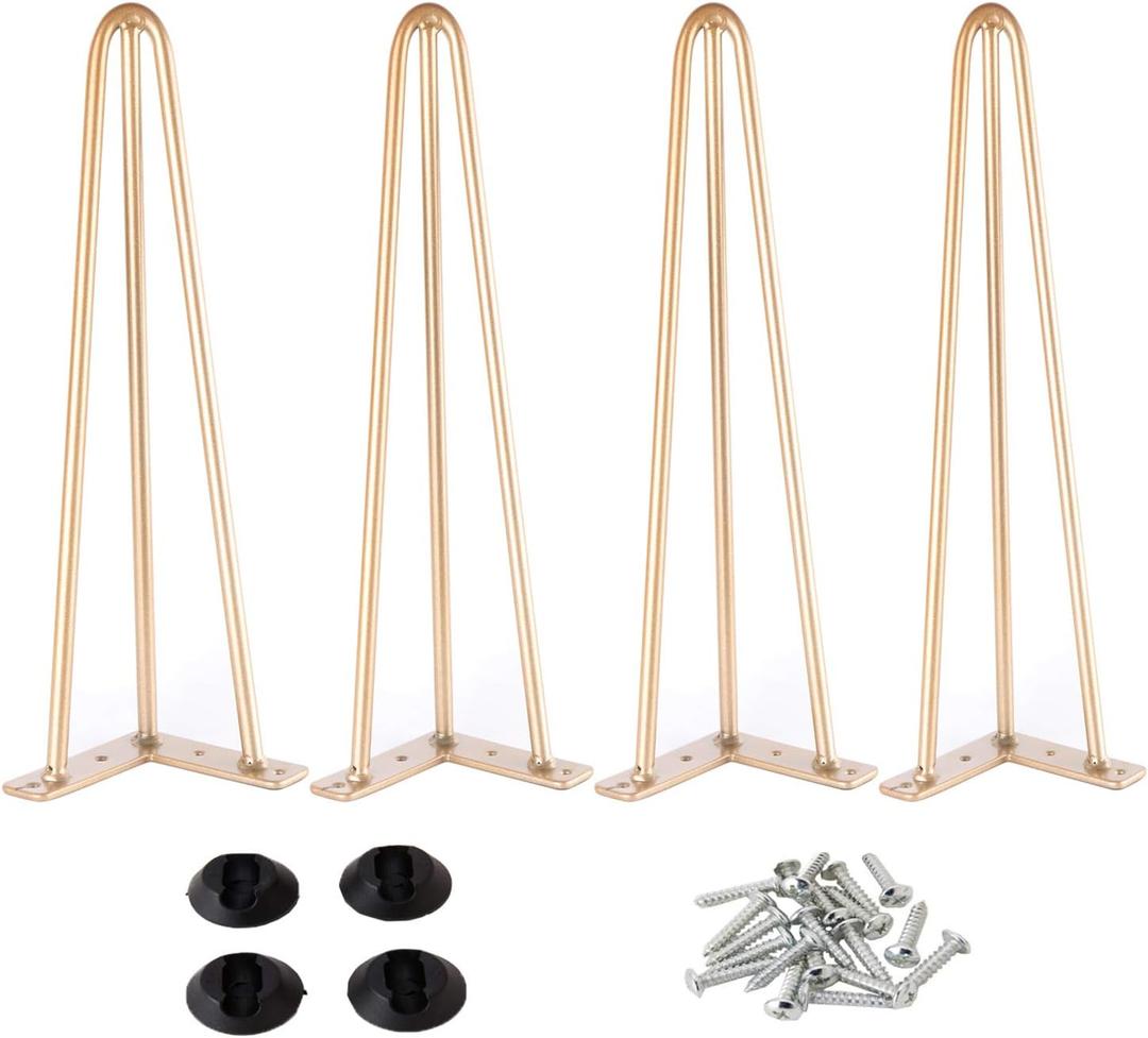 Osring 16 Inch Hairpin Table Legs with 1/2" Dia 3-Rods, Heavy Duty Metal Hairpin Furniture Leg for Coffee Table and Patio Bench, Gold Furniture Feet with Floor Protectors for Home DIY Project, 4 Pack
