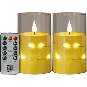 Flameless LED Candles, Non-breakable Battery Operated Candles with Embedded Star String, D 3"H 6", Set of 2, Flickering Pillar Candle with Remote and Timer for Birthday Home Decoration (Grey) (Gray)