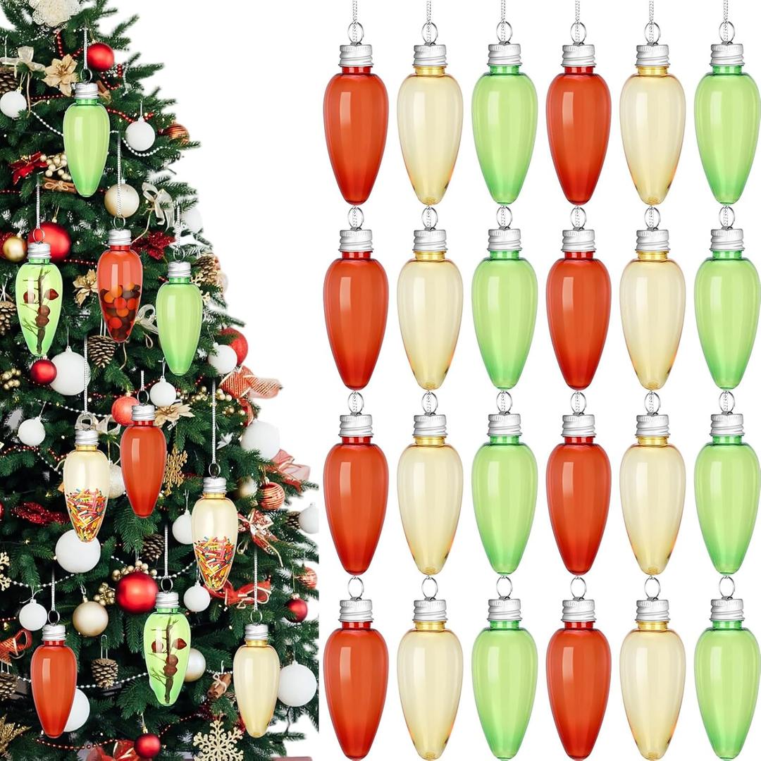 Patelai 30 Pcs Clear Fillable Christmas Ornaments 3.4'' Plastic Red Yellow Green Bulb Light Ornaments Balls Bulk with Rope for Christmas Tree Craft Decoration, 3 Colors
