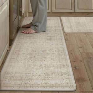 Vintage Kitchen Mats for Floor Anti Fatigue Waterproof Kitchen Rugs Sets of 2 Beige Cushioned Non-Slip Kitchen Mats Comfort Standing Mat for Sink Laundry Office 17.3"47"+17.3"30"