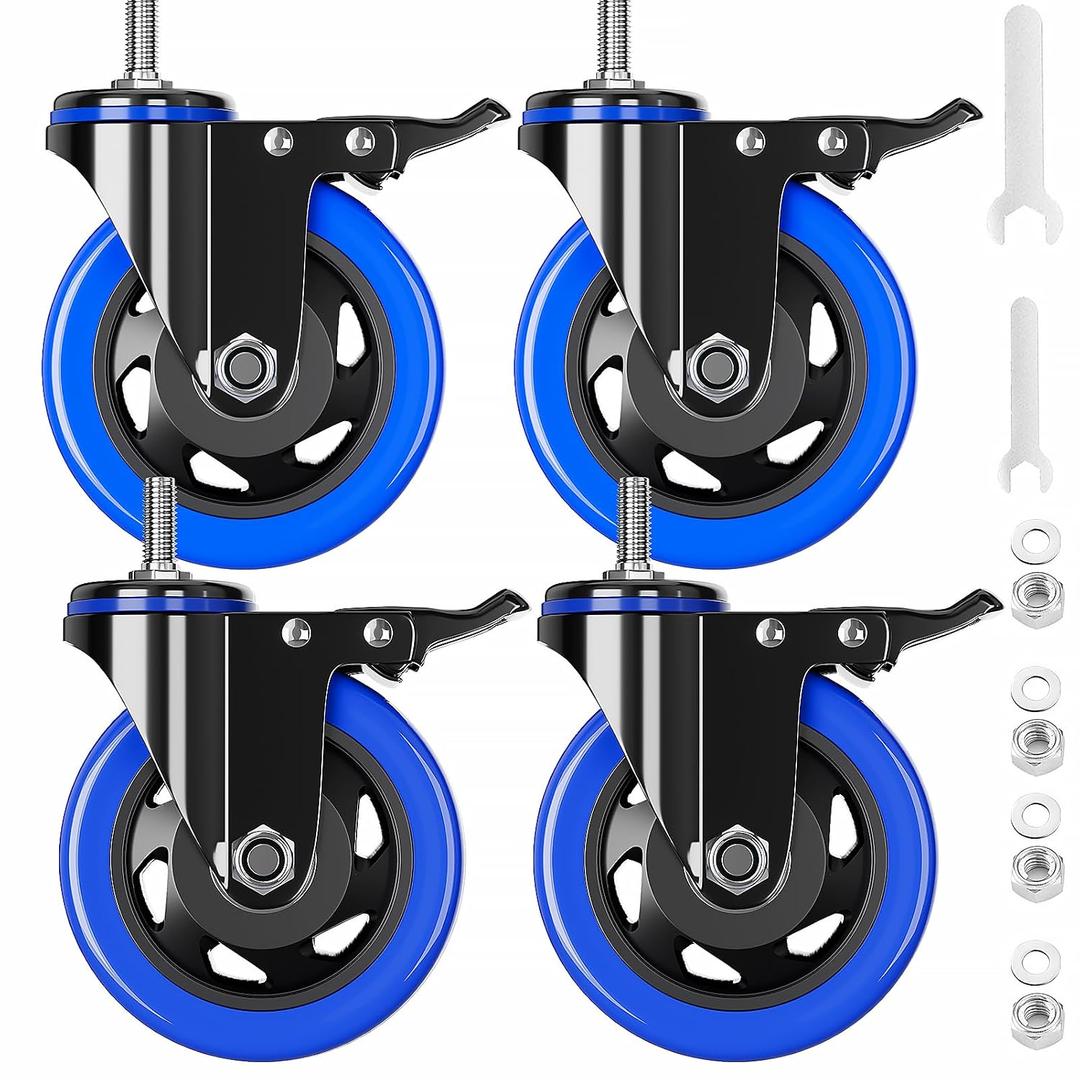 Stem Caster Wheels 4 inch Heavy Duty Threaded Stem Mount Casters Set of 4 with American Size UNC 1/2"-13 x 1 Swivel Industrial Castors with Safety Dual Locking Wheel for Furniture and Cart