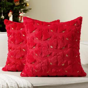 Softalker Christmas Throw Pillow Covers 18 x 18 Inch Set of 2, Xmas Winter Bell Faux Fur Cushion Covers, 3D Embroidered Pillow Cases for Couch Bedroom Living Room Decor, Red