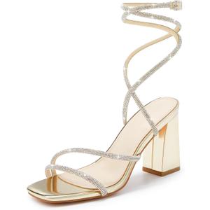 Coutgo Womens Lace Up Chunky Heels Rhinestone Sandals Square Open Toe High Block Heeled Wedding Dress Shoes, Gold, Size 6.5