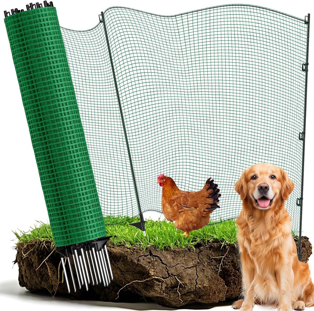 Temporary Fence with Posts,3‘x82‘ Animal Barrier Dog Portable Fencing | with Fiberglass Stake Windbreak Rope,Safety Snow Plastic Netting for Garden Backyard Outdoor for Chickens or Other Animals