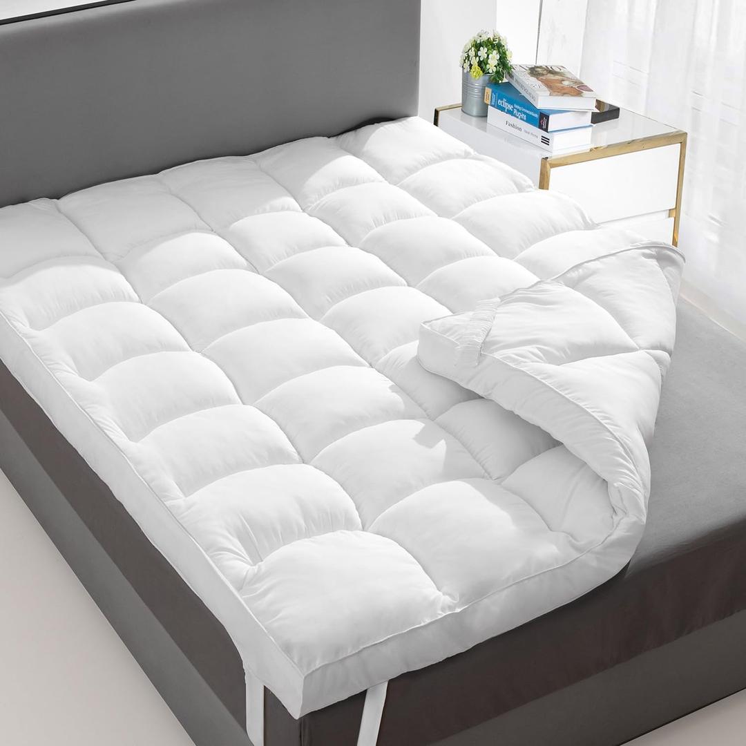 Extra Thick Fitted Mattress Topper - Queen Size | Soft & Cooling Pillow Top Mattress Pad & Protector | Bed Topper for Back Pain, Straps Stretch 6" to 22" Deep (Milky White -2 Inch)