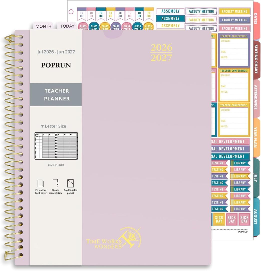 POPRUN Teacher Planner 2026-2027, 8.5" x 11", Academic Lesson Plan Book for Teachers (July 26-June 27) Weekly and Monthly with Gradebook, 2-Sided Pocket, Flexible PP Cover for Classroom, Light Pink