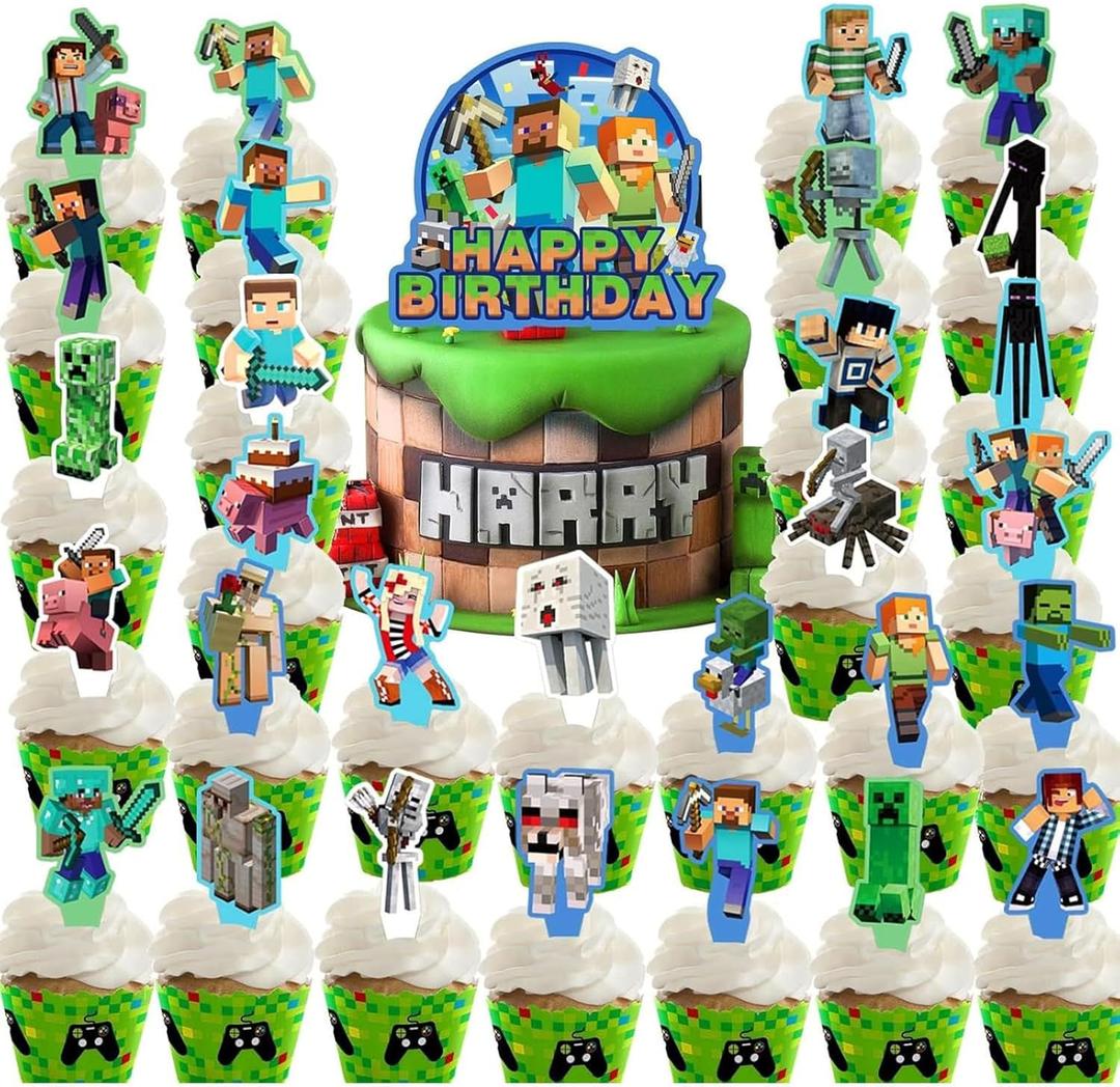 30 Pcs Pixel Styled Gamer Cake Decorations, Happy Birthday Cake Topper, Party Supplies for Boys & Girls