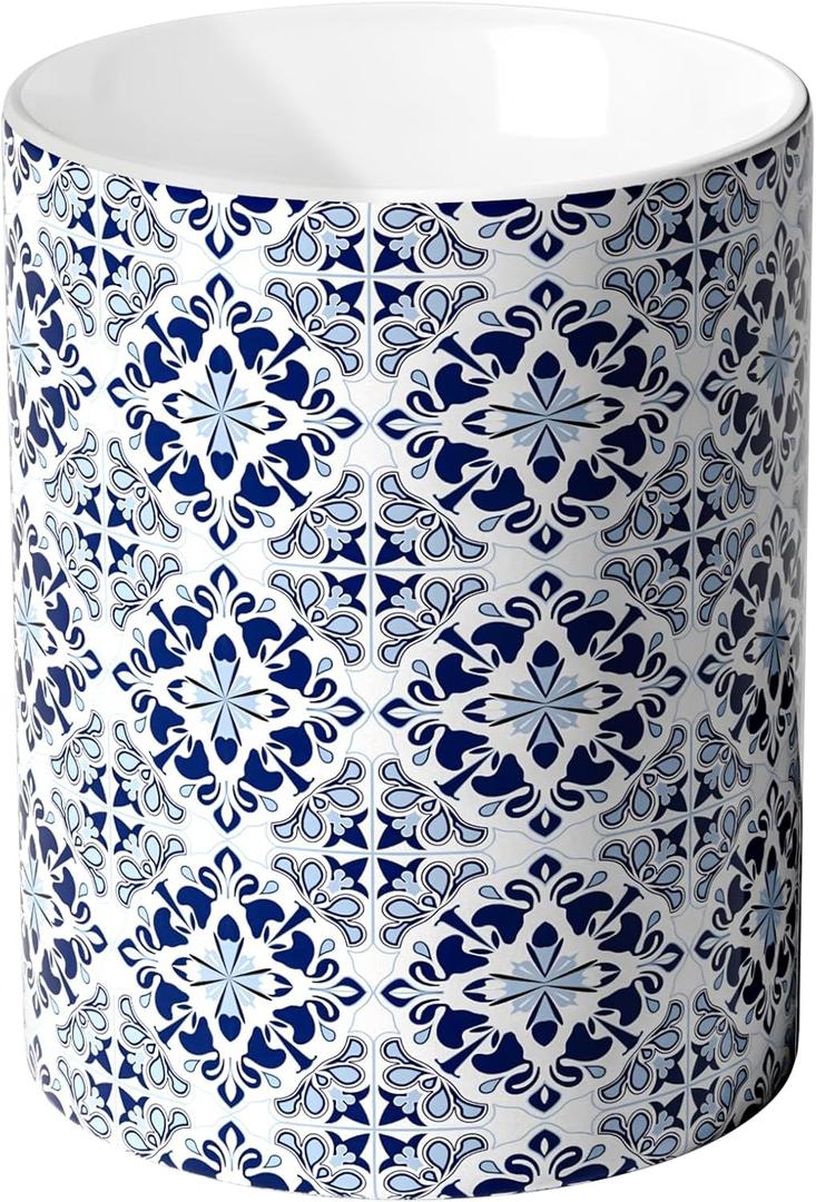 Ceramic Kitchen Utensil Holder for Countertop, Embossed Pattern Crock with Kiln-Fired Finish, Counter Organizer for Cooking Tools ,Blue
