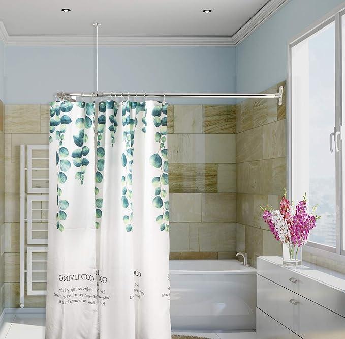 Artiwell L Shaped Shower Curtain Rod, Bathroom Bathtub Corner Shower Curtain Rod with Ceiling Support (CHROME PLATED)