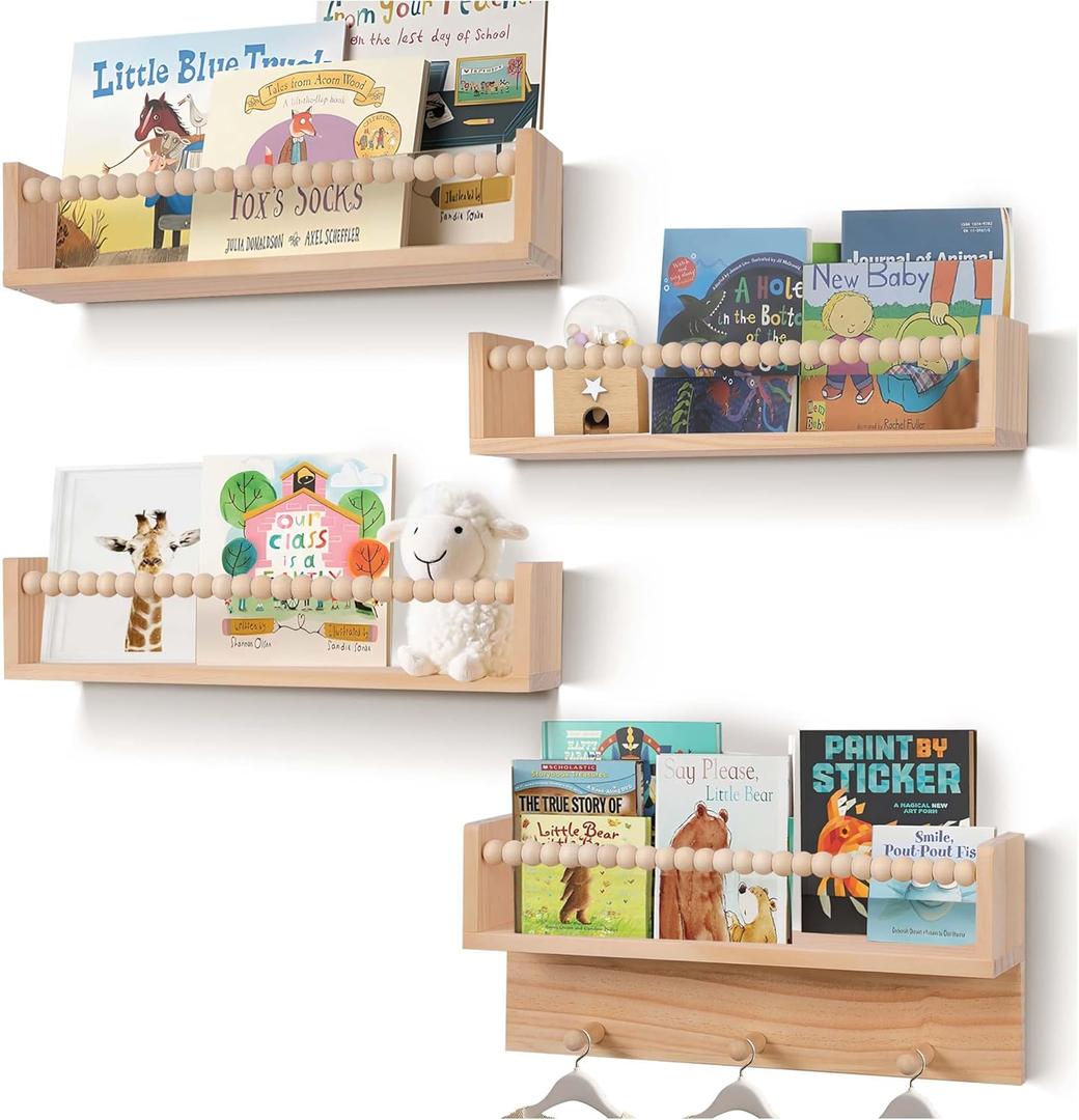 BOMID Wall Bookshelves,Set of 4 Natural Wood Floating Bookshelf,Nursery Shelves,Floating Book Shelves for Wall(Burlywood)