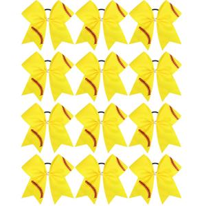12 PCS Softball Bows 8" Softball Cheer Bows Bulk Hair Bows Cheerleading Sports Cheerleader Ponytail Holder Softball Accessories for Girls College Competition Yellow
