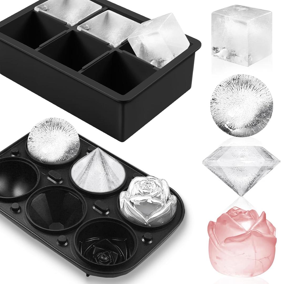 2Pack Silicone Square and Round Ice Cube Trays for Freezer - Sphere, Rose, Diamond Ice Molds for Whiskey, Cocktails & DIY, Black (Charcoal)