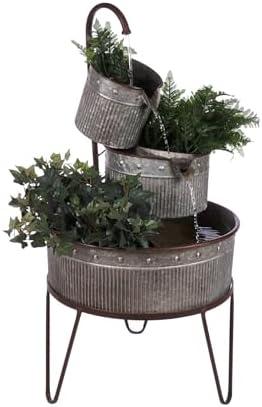 Alpine Corporation YHL684 33" Outdoor Floor 3-Tier Vintage Tubs and Planters Fountain, Rustic Metal Cascading Waterfall Feature for Gardens, Patios, and Yards, Silver