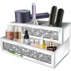 Mirror Hair Dryer Holder Upgrade Crystal Crush Diamond Hair Tool Organizer Wall Mount. Silver Bathroom Cabinet Tray for Blow Dryers, Hairdryer Straightener, Makeup,Brushes (10.5x7x5)