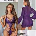 Avidlove Women Sexy Lingerie Set 2 Piece Lace Teddy with Mesh Kimono Robe Bodysuit Nightgown (Purple, XL)