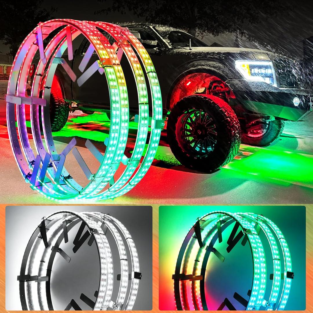 Adjustable 14-18inch 2-Rows Adjustable Wheel Ring Lights, RGBW Wheel Lights for Truck, LED Chases Dancing Color Rim Lights Fit for All Truck Pickup Car SUV Off-Road 4 Wheels Vehicle