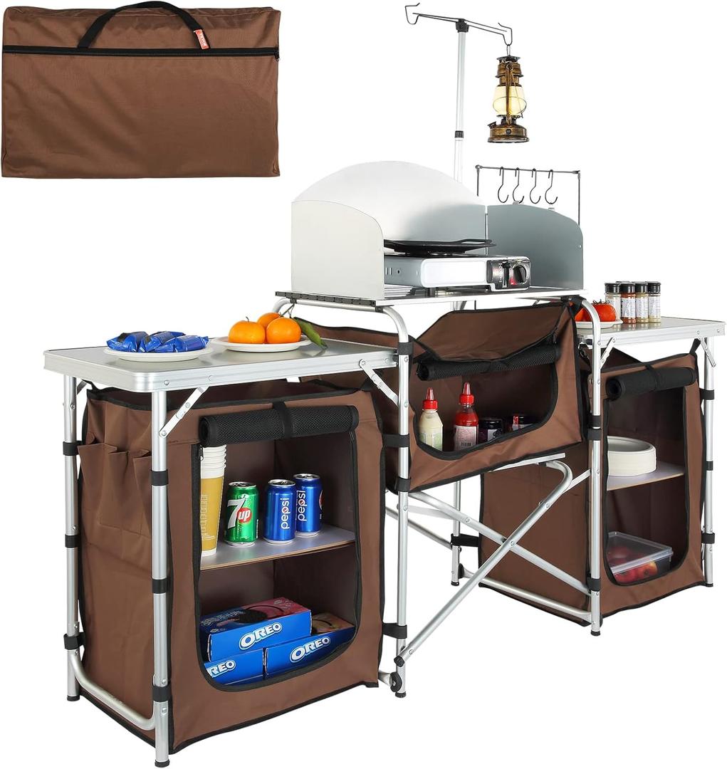 VEVOR Camping Kitchen Table, Folding Outdoor Cooking Table with Storage Carrying Bag, Aluminum Cook Station 3 Cupboard & Detachable Windscreen, Quick Set-up for Picnics, BBQ, RV Traveling, Brown