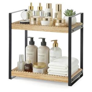 2 Tier Bathroom Organizers and Storage, Farmhouse Countertop Organizer for Bathroom Storage, Makeup Organizer for Decor, Wood Shelf for Perfume Skincare Kitchen Coffee Bar, Vanity Accessories (Brown)