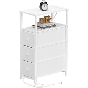 TUTOTAK Narrow Night Stand with Charging Station, Slim End Table with Plugins, Tall Side Table with 3 Fabric Drawer, Small Bedside Table with Storage, Living Room, Bedroom, White TB01BW086