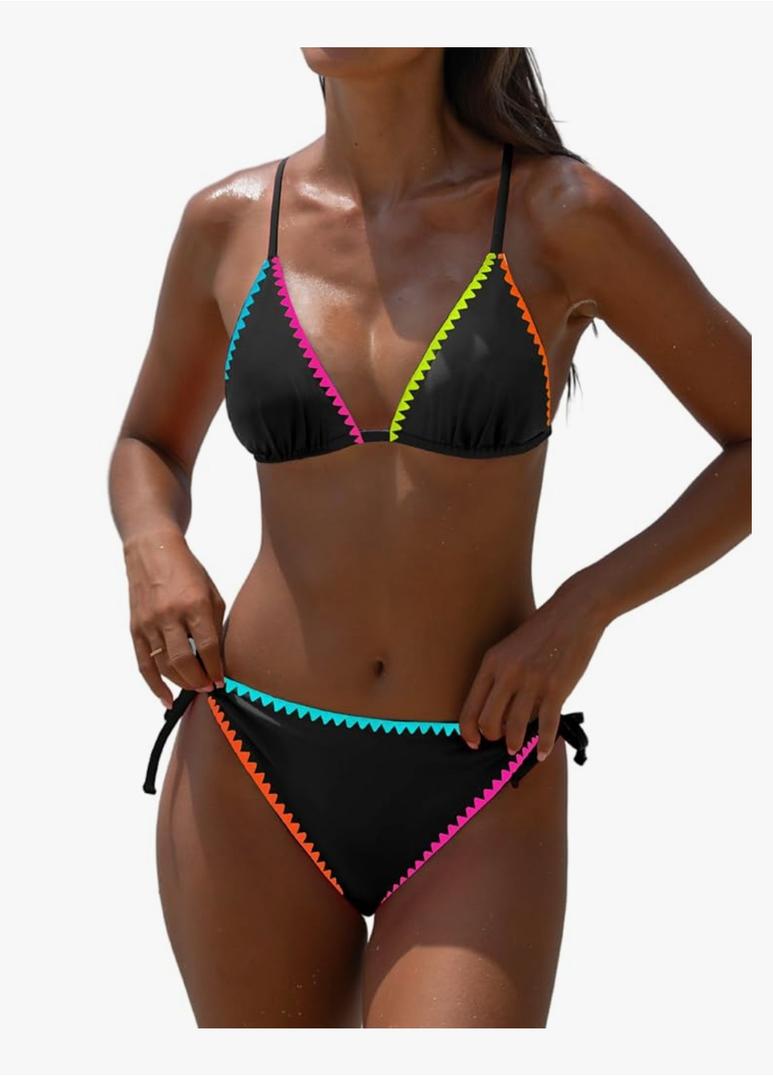 popvil Womens Triangle Bikini Sets: Black Halter String Two Piece Swimsuit Sexy Bathing Suit for 2025 Beach Vacation L