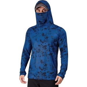 Rodeel UPF 50+ Mens Long Sleeve Performance Fishing Hiking Shirt with Mask UV Neck Gaiter Hoodie (Large, Full Ice Dark Blue)