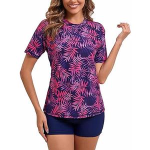 Halcurt Women's Built in Bra Rash Guard UPF 50 Two Piece Swimsuit Shirt and Board Shorts, S
