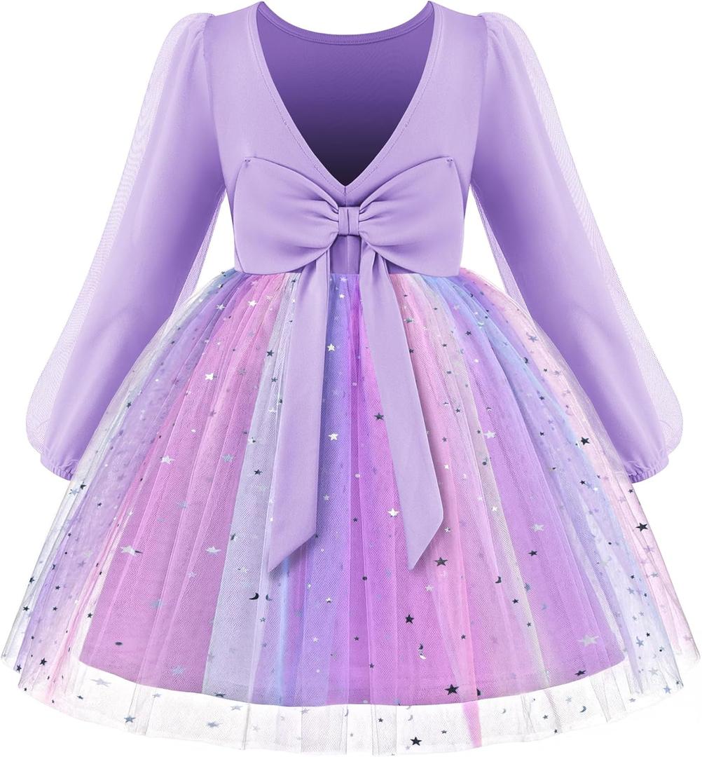 Arshiner Toddler Girls V Back Tutu Dress Tulle Puff Long Sleeve Wedding Birthday Party Fall Toddlers Dresses (3-4T, Purple Rainbow)
