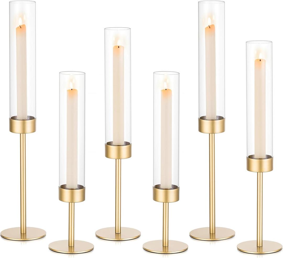 Sziqiqi Wedding Hurricane Candle Holders: 6 Pcs Gold Candlestick Holders Table Centerpiece - Taper Candle Sticks Holder for Christmas Party