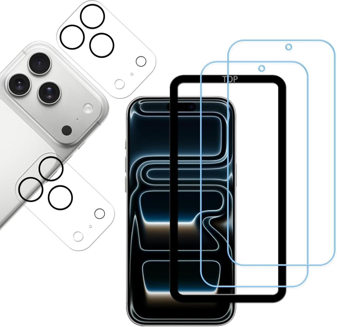 Anti Blue Light Screen Protector For iPhone 17 Pro max Tempered Glass Film 2-Pack with Camera Lens Protector 2-Pack Easy Alignment Tool