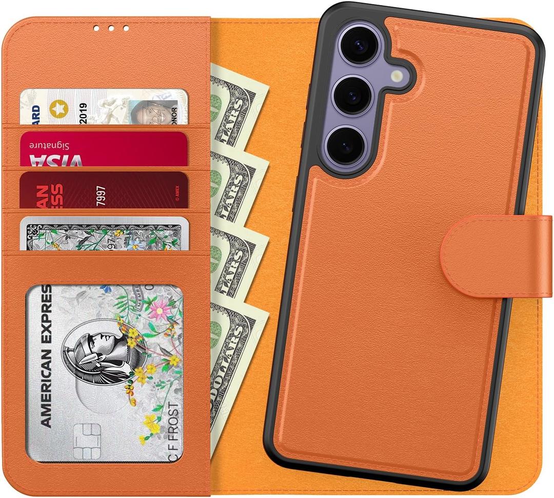 FUNMIKO for Samsung Galaxy S25 Plus Case Wallet, Detachable Flip Folio Leather Cover, RFID Blocking 4 Card Slots Holder, Kickstand Function, Protective Phone Shell for Women Girls, Orange